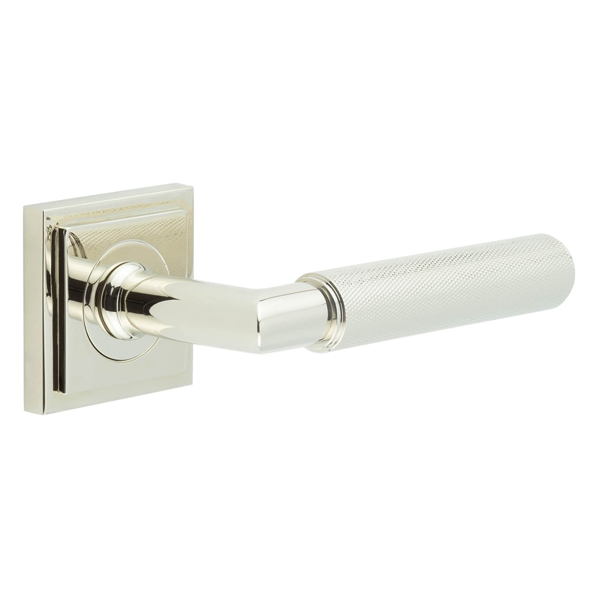 Polished Nickel Knurled Fire Rated Door Handles on Square Stepped Rose - Piccadilly Range