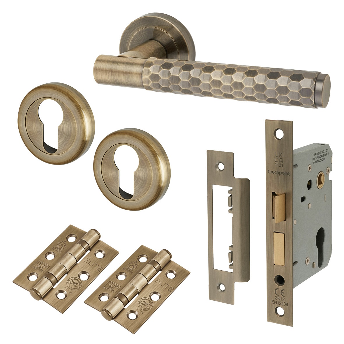 Antique Brass Honeycomb Euro Lock Door Handles on Rose Pack - Cara Range