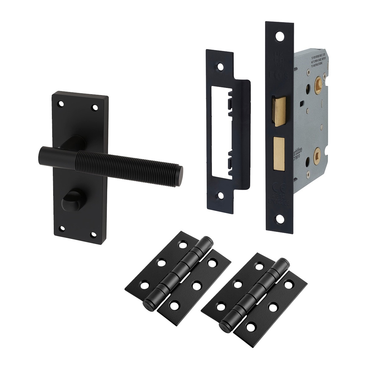 Matt Black Reeded Bathroom Lock Door Handles Pack - Lily Range