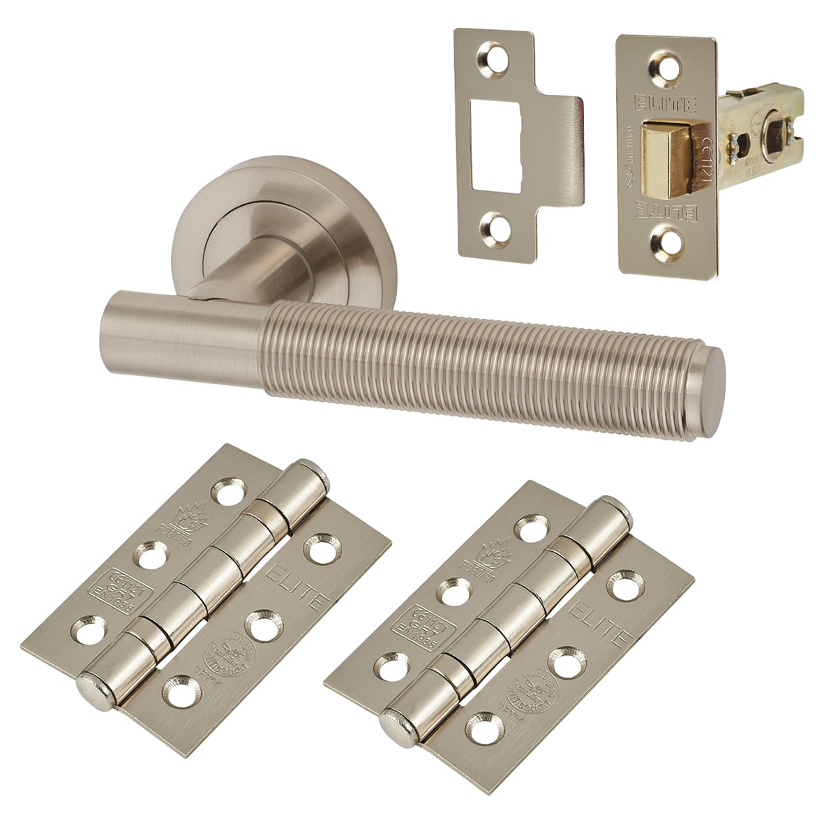 Satin Nickel Reeded Latch Door Handles Pack - Lily Range