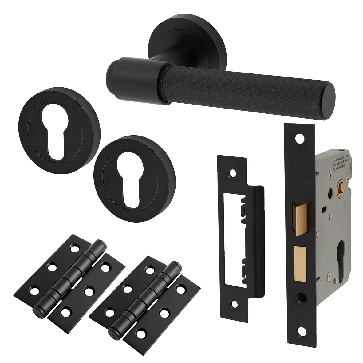 Matt Black Knurled Euro Lock Door Handle on Rose Pack - Esme Range