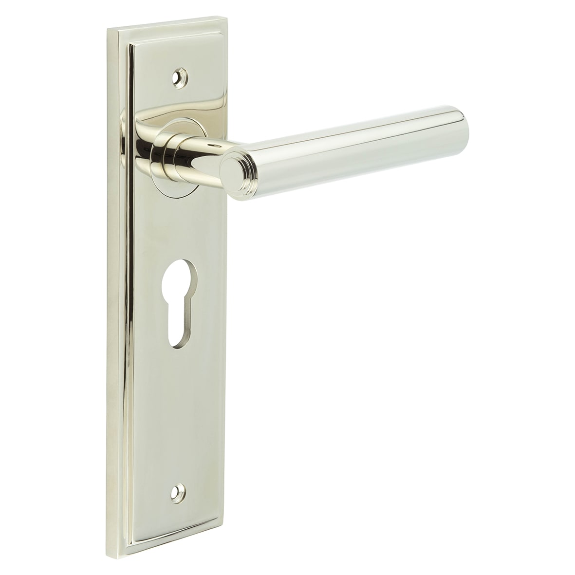 Polished Nickel Fire Rated Euro Lock Door Handles - Richmond - 200 x 55mm