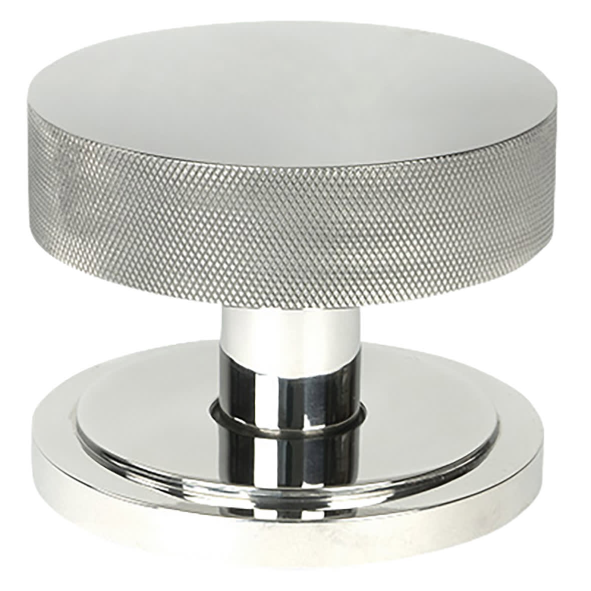 Brompton Polished Stainless Round Knurled Centre Door Knob on Art Deco Rose - 90mm Rose