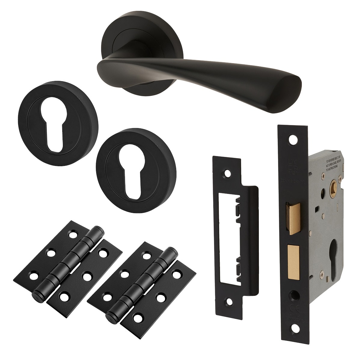 Matt Black Euro Lock Door Handles on Rose Pack - Ariel Range