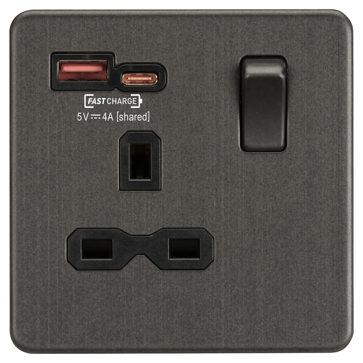 13A 1 Gang SP Type A/C Fastcharge USB Socket with 2 x USB - 4A - Smoked Bronze/Black