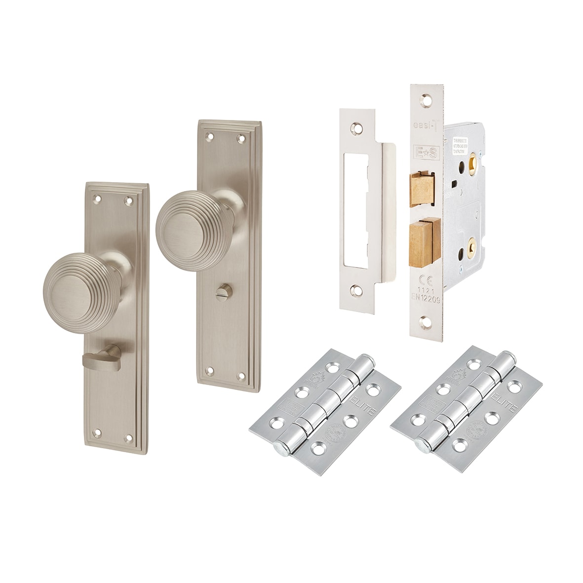 Satin Nickel Reeded Bathroom Mortice Door Knobs on Backplate Pack - Miller Range - 205 x 52mm