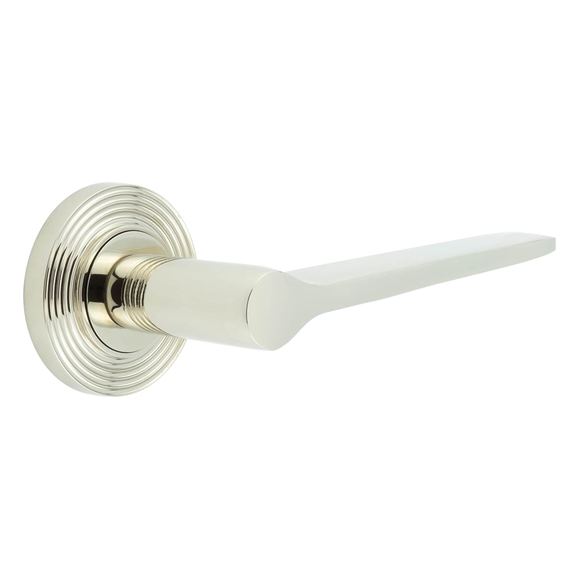 Polished Nickel Fire Rated Door Handles on Round Reeded Rose - Knightsbridge Range