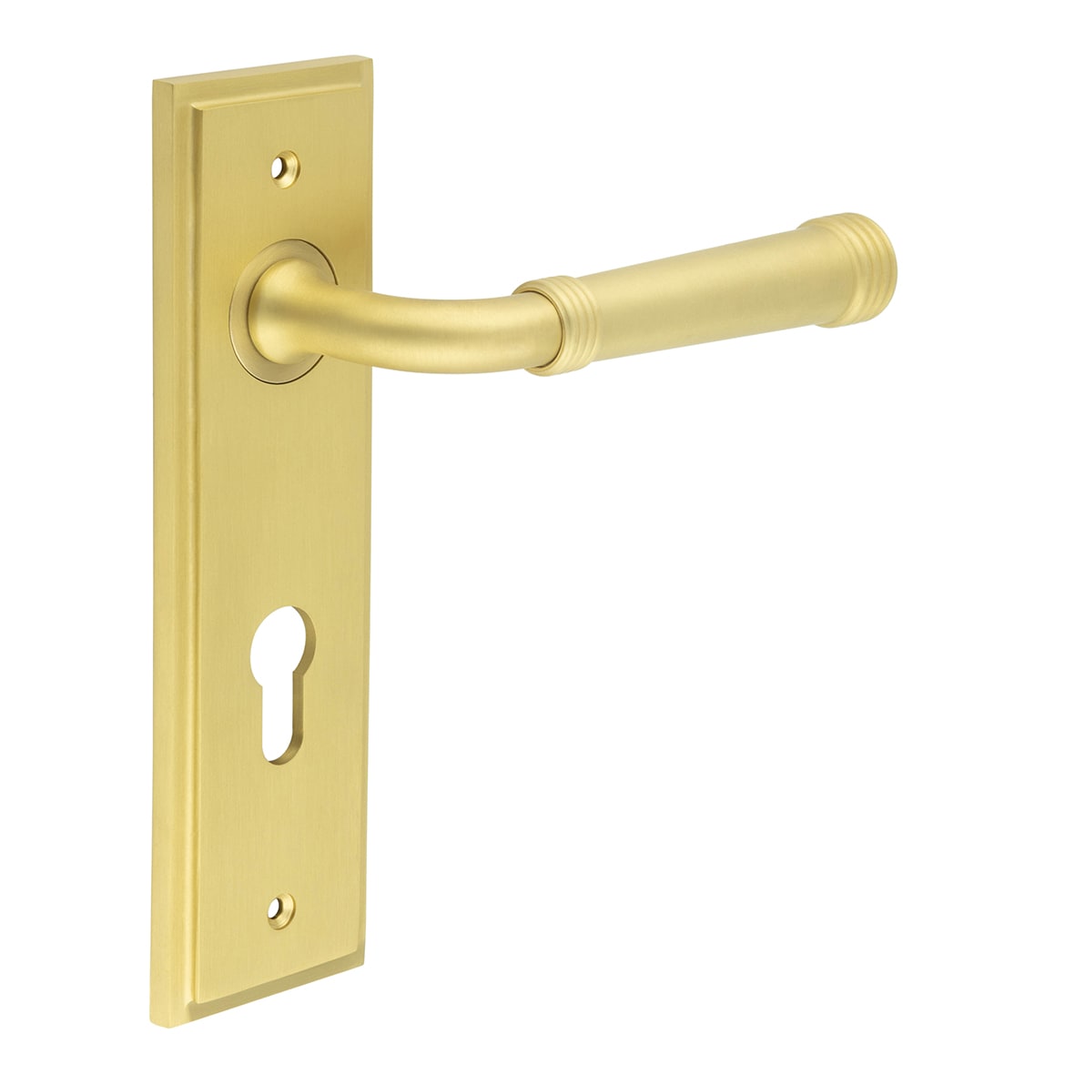 Satin Brass Fire Rated DIN Euro Lock Door Handles - Highgate - 200 x 55mm