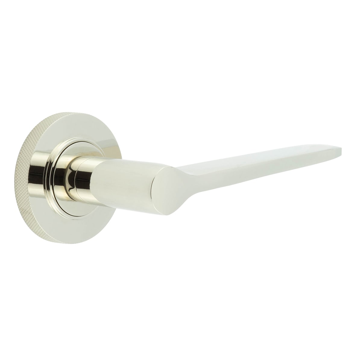 Polished Nickel Fire Rated Door Handles on Round Knurled Rose - Knightsbridge Range