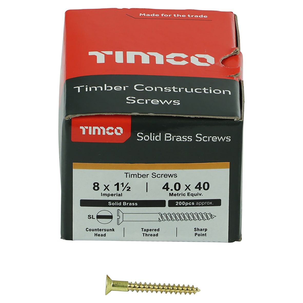 Slotted Countersunk Wood Screws - 8 x 1 1/2" - Solid Brass - Pack of 200