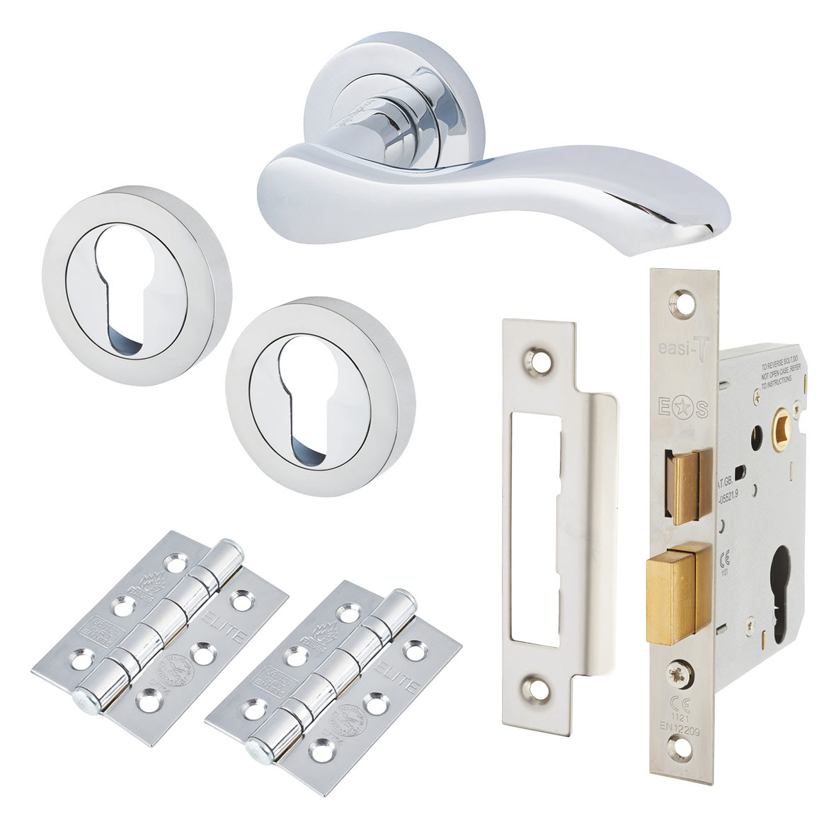 Polished Chrome Scroll Euro Lock Door Handles on Rose Pack - Scarlett Range