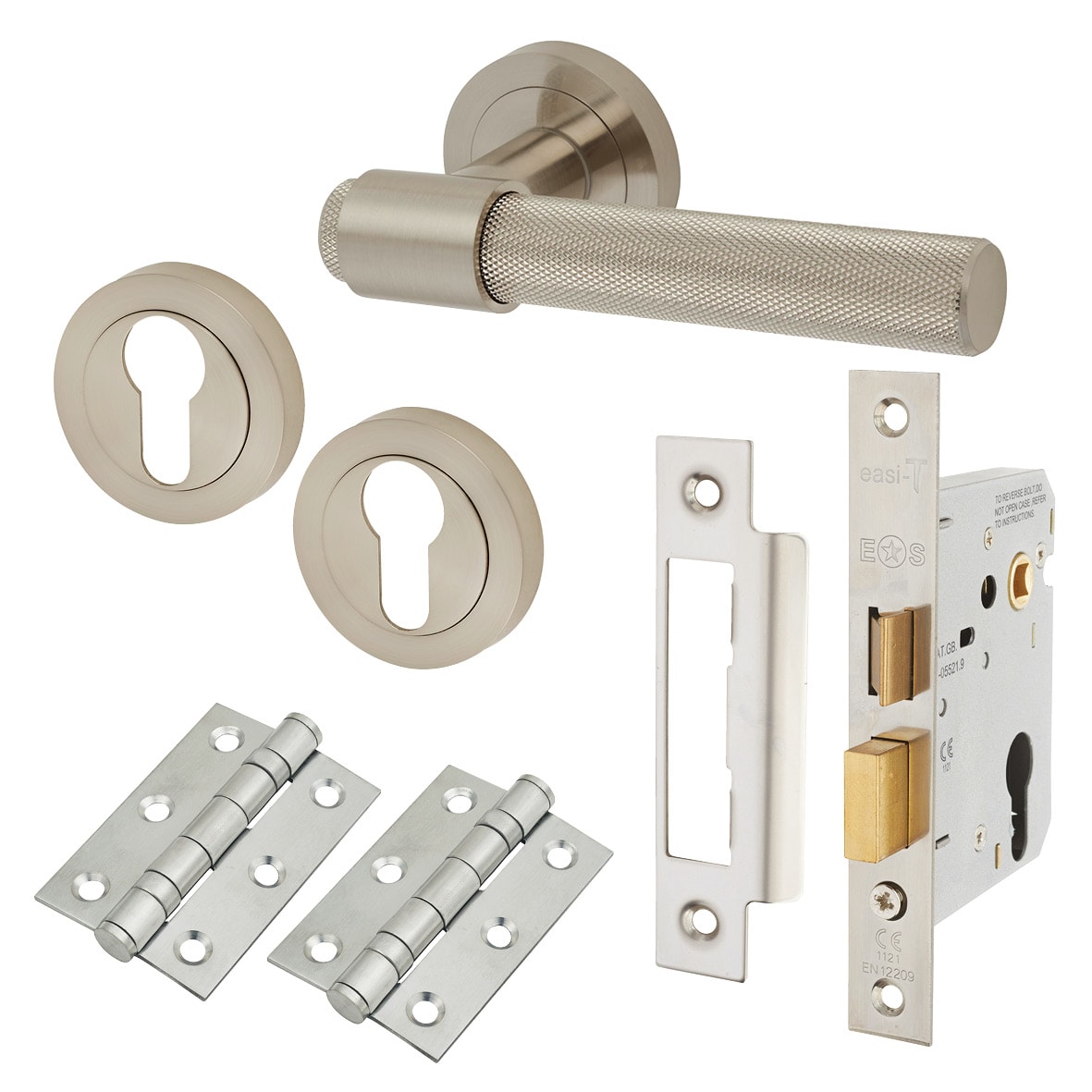 Satin Nickel Knurled Euro Lock Door Handles on Rose Pack - Esme Range