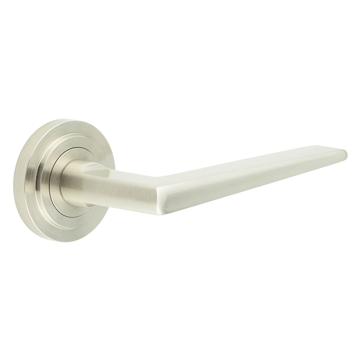 Satin Nickel Fire Rated Door Handles on Round Stepped Rose - Mayfair Range