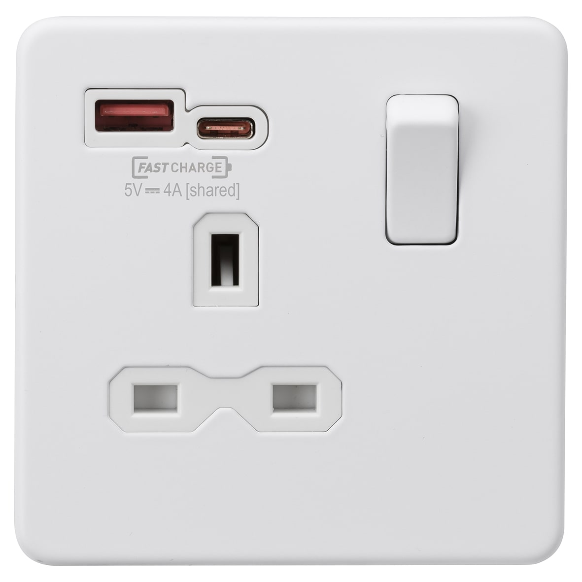 13A 1 Gang Flat Plate Type A/C USB Socket with 2 x USB - 1.5A - Matt White/White