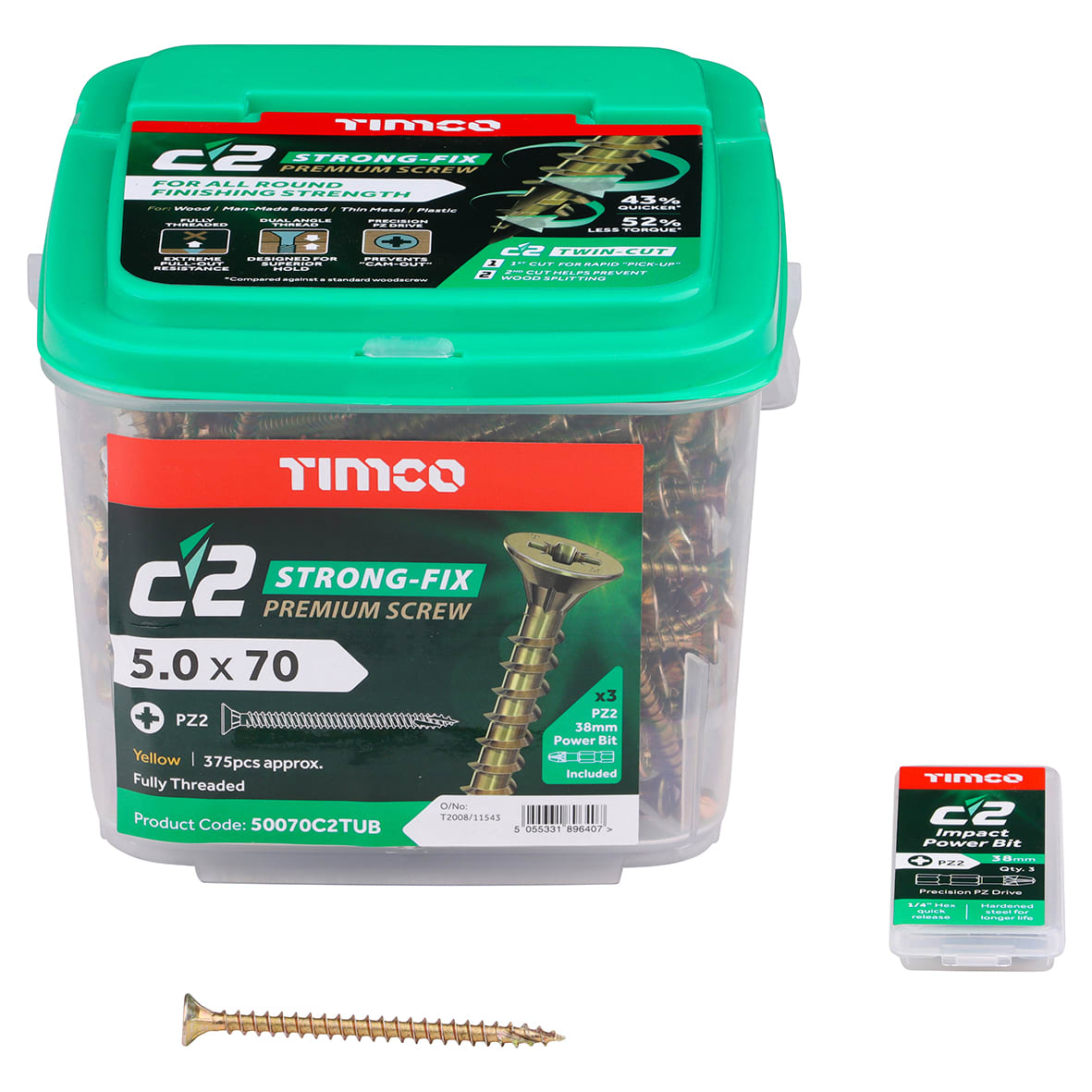C2 Strong-Fix Pozi Double Countersunk Twin-Cut Wood Screws Tub - 5.0 x 70mm - Pack of 375