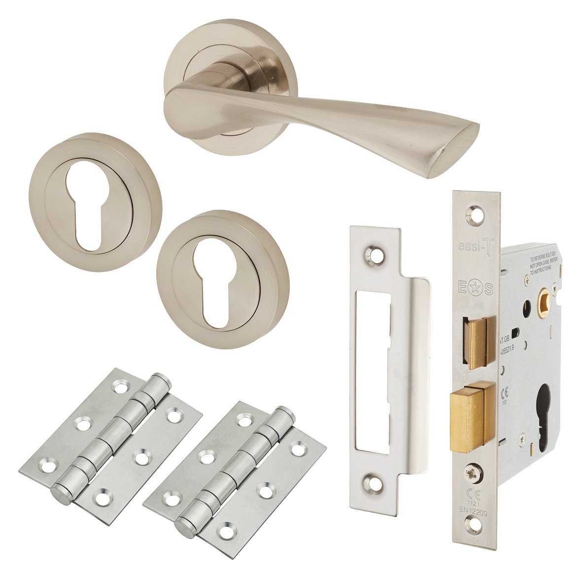 Satin Nickel Euro Lock Door Handles on Rose Pack - Ariel Range