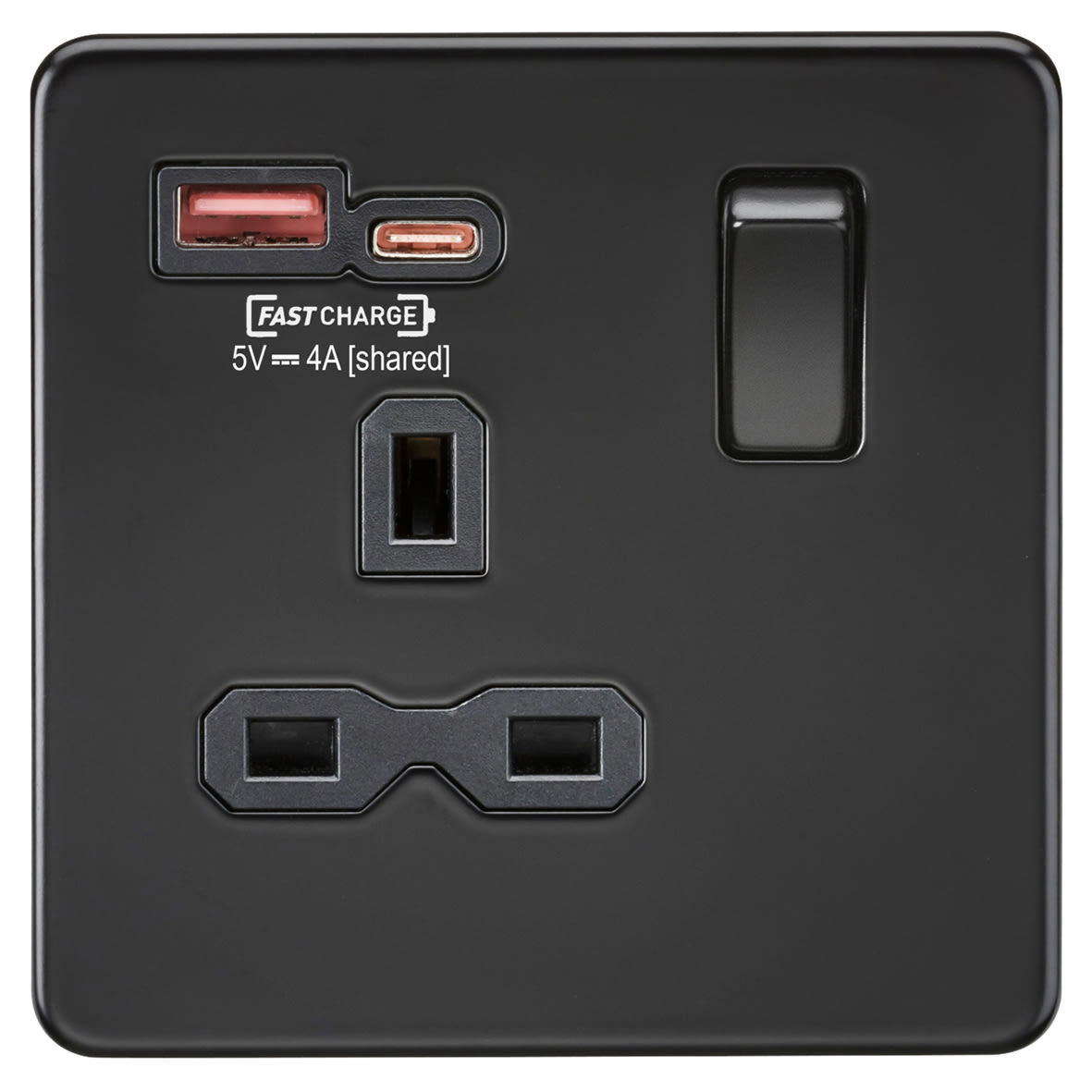 13A 1 Gang SP Type A/C Fastcharge USB Socket with 2 x USB - 4A - Matt Black/Black