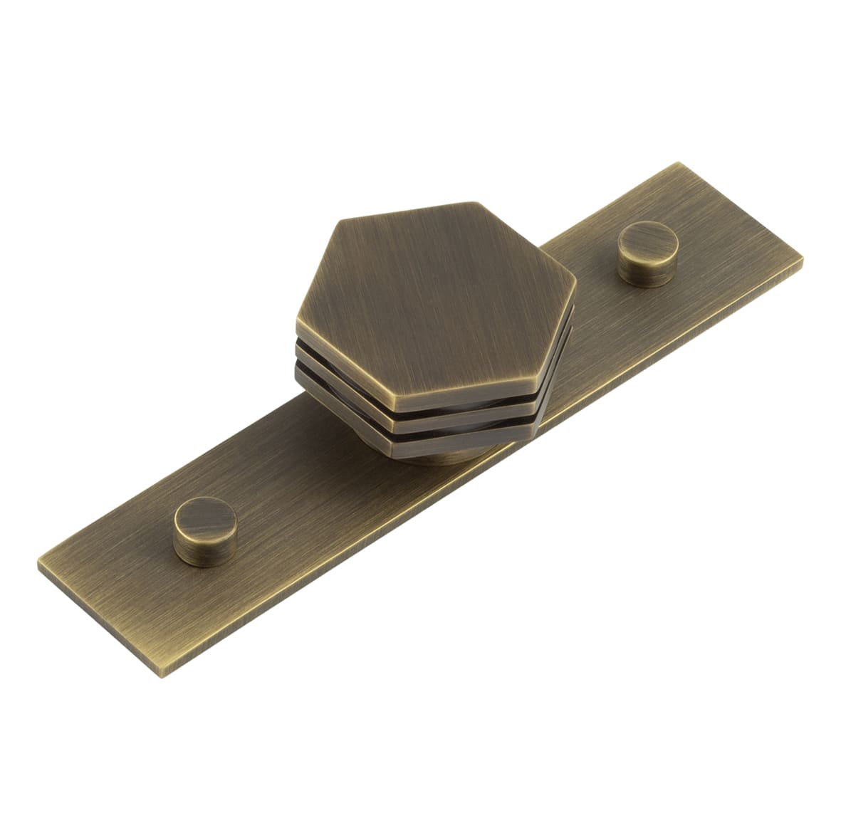 Nile Hex Cabinet Knob on Plain Backplate - 40mm Diameter - Antique Brass
