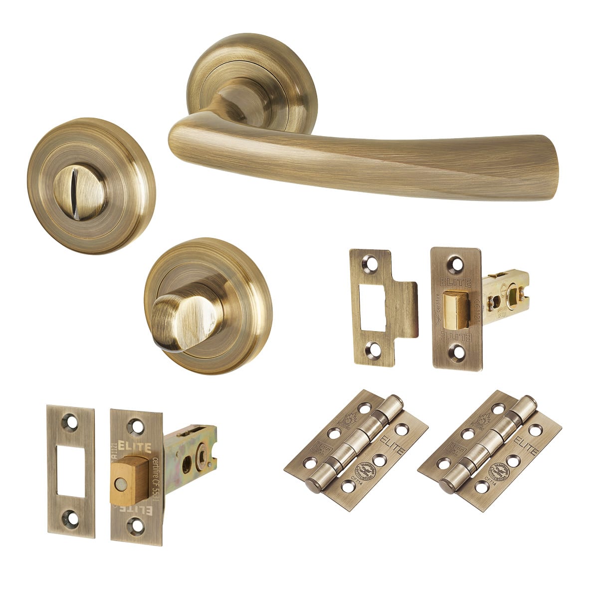 Antique Brass Bathroom Deadbolt Lock Door Handles on Rose Pack - Rochester Range