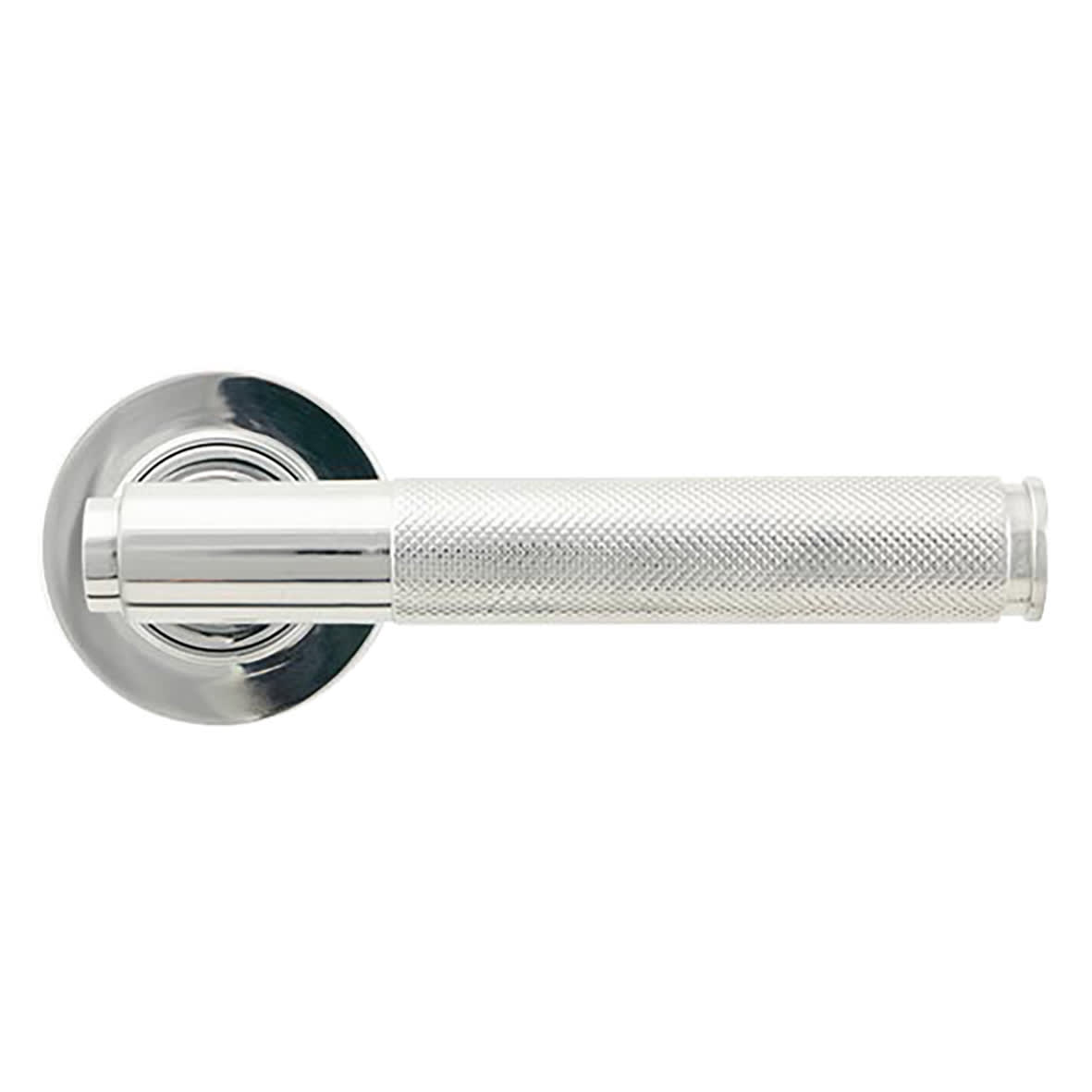 Polished Chrome Knurled Door Handles on Round Rose - Brompton Range