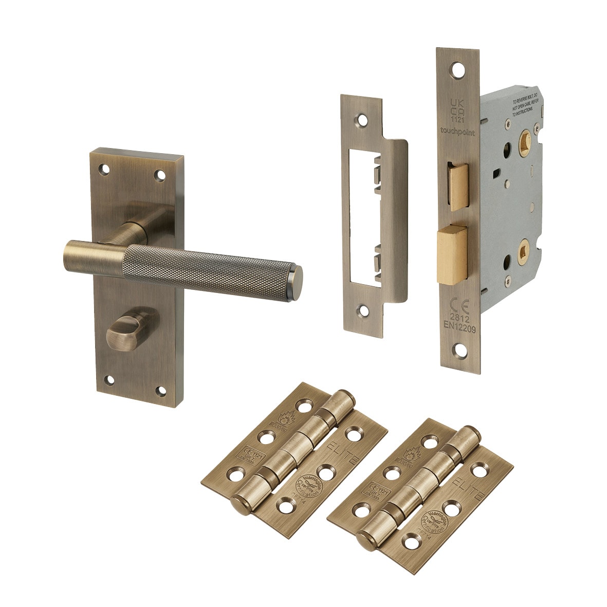 Antique Brass Knurled Bathroom Lock Door Handles Pack - Remi Range