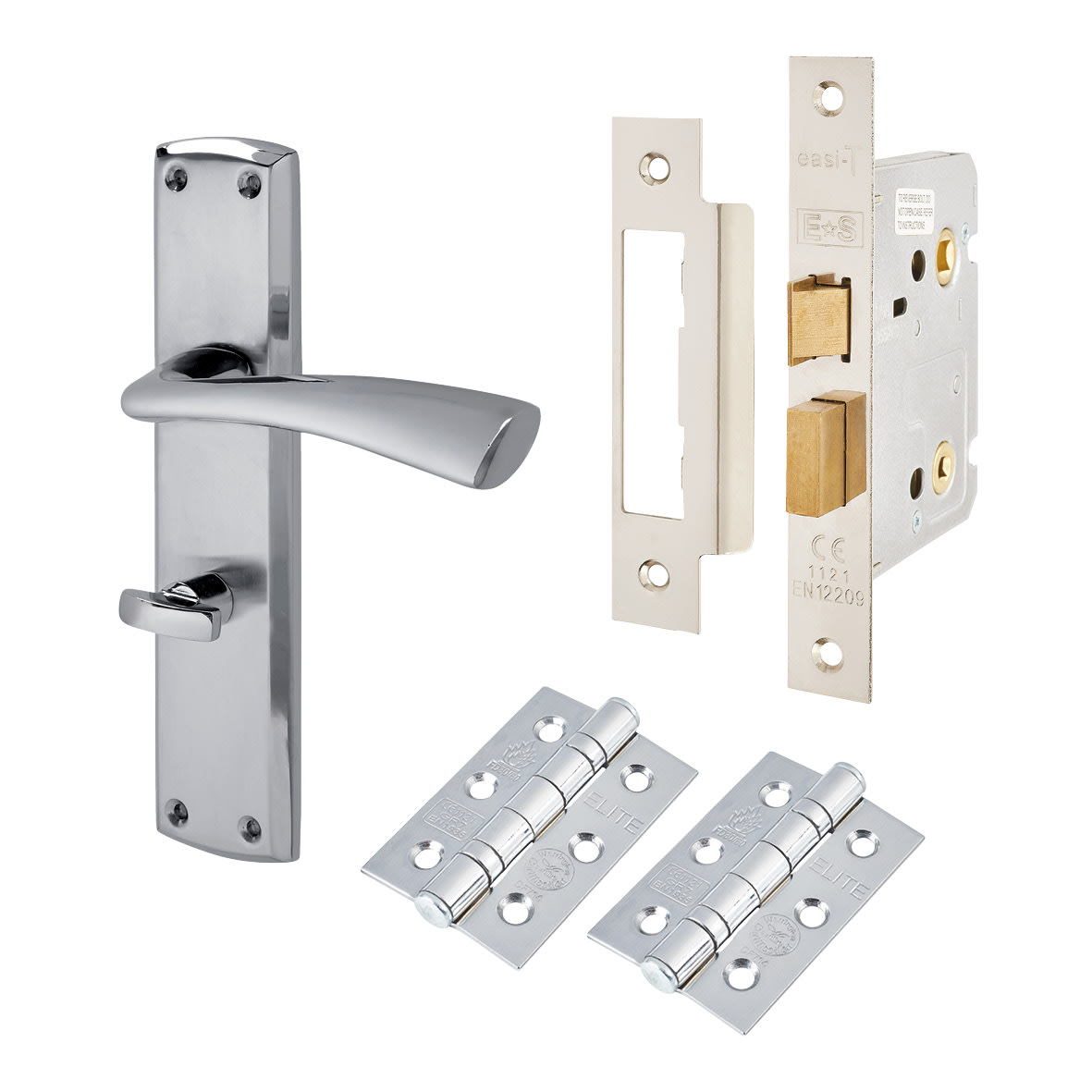 Satin/Polished Chrome Bathroom Lock Door Handles Pack - Taranto Range