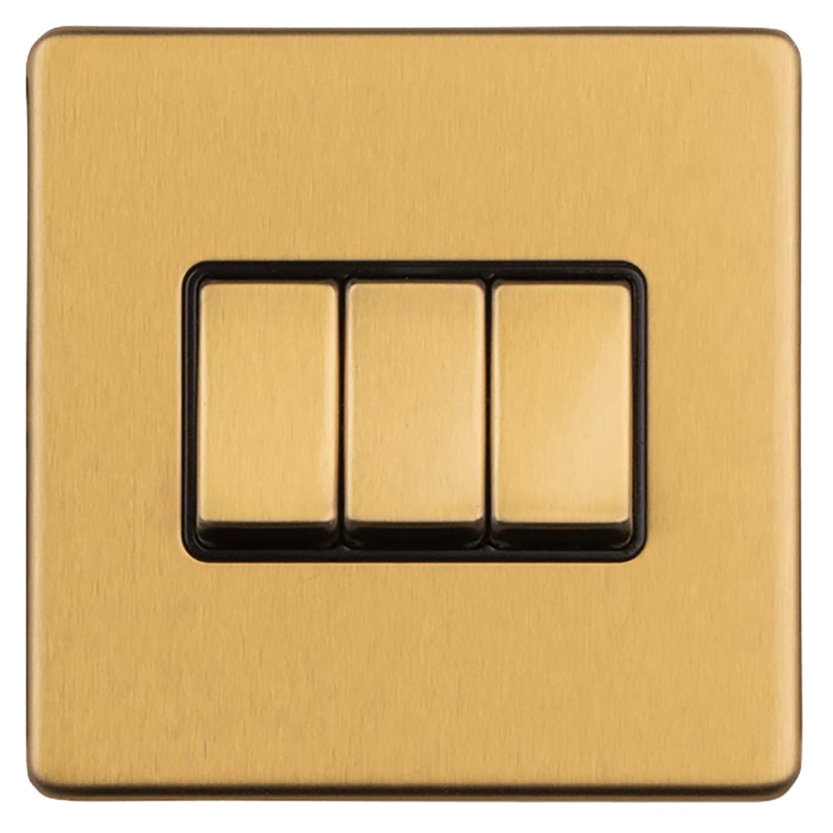 Concealed 10A 3 Gang 2 Way Screwless Flat Plate Light Switch - Satin Brass/Black