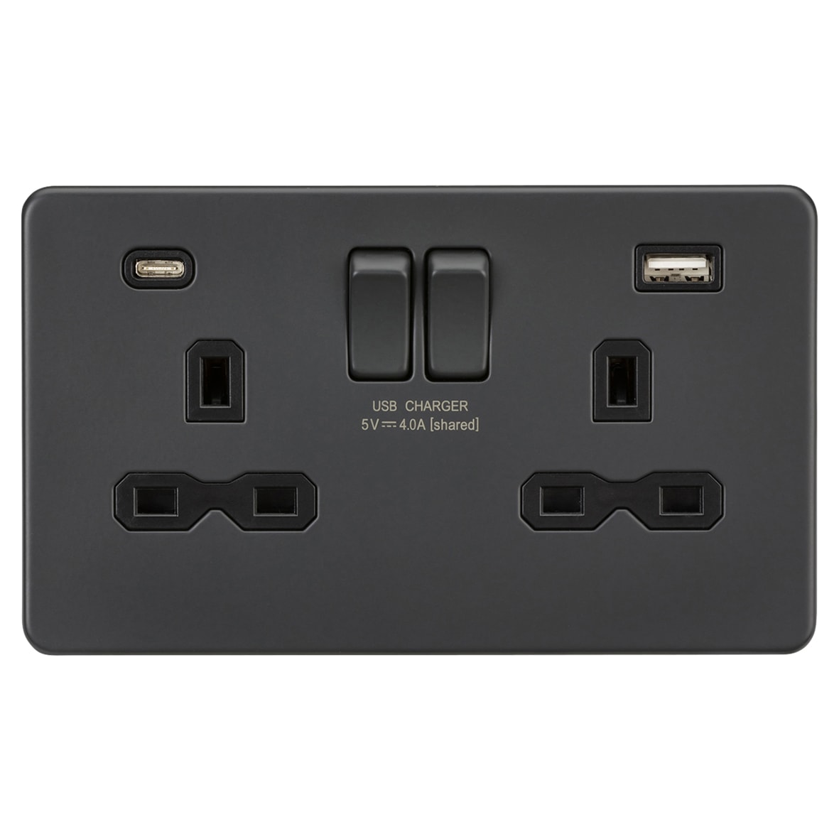 13A 2 Gang Screwless Type A/C USB Socket with 2 x USB - 4A - Anthracite/Black