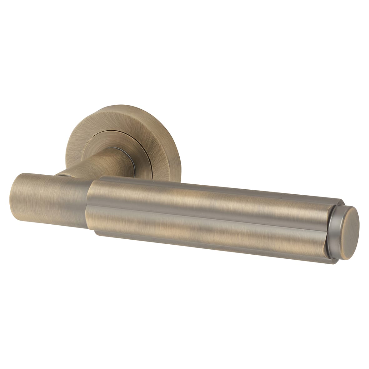 Antique Brass Fire Rated Fluted Door Handles on Round Rose - Bloom Range