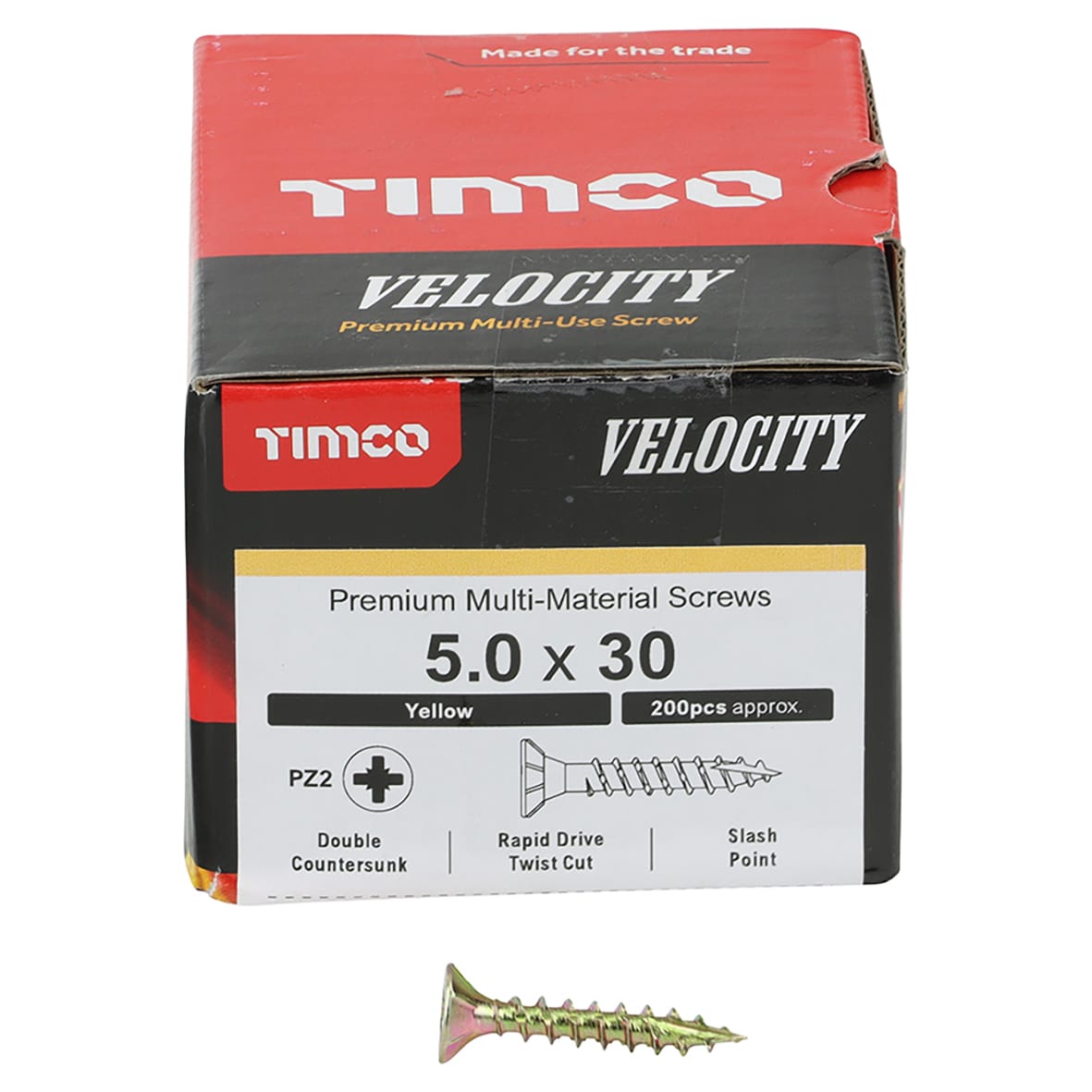 Velocity Pozi Countersunk Wood Screws - 5.0 x 30mm - Yellow Zinc - Pack of 200