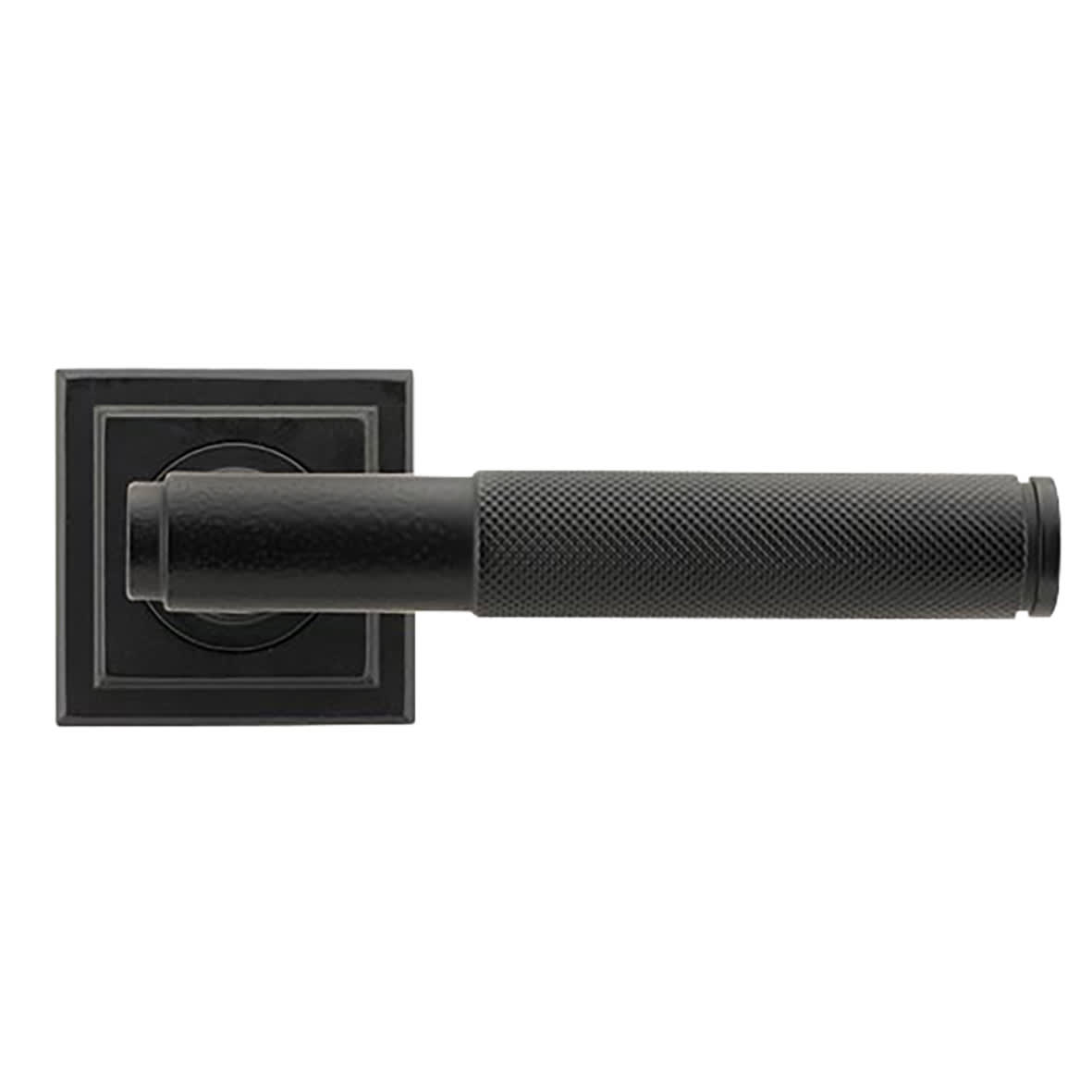 Matt Black Knurled Door Handles on Square Rose - Brompton Range