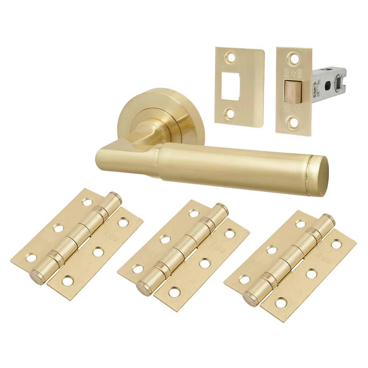 Brass Satin Brass Latch Door Handles on Rose Ultimate Door Pack - Belas Range