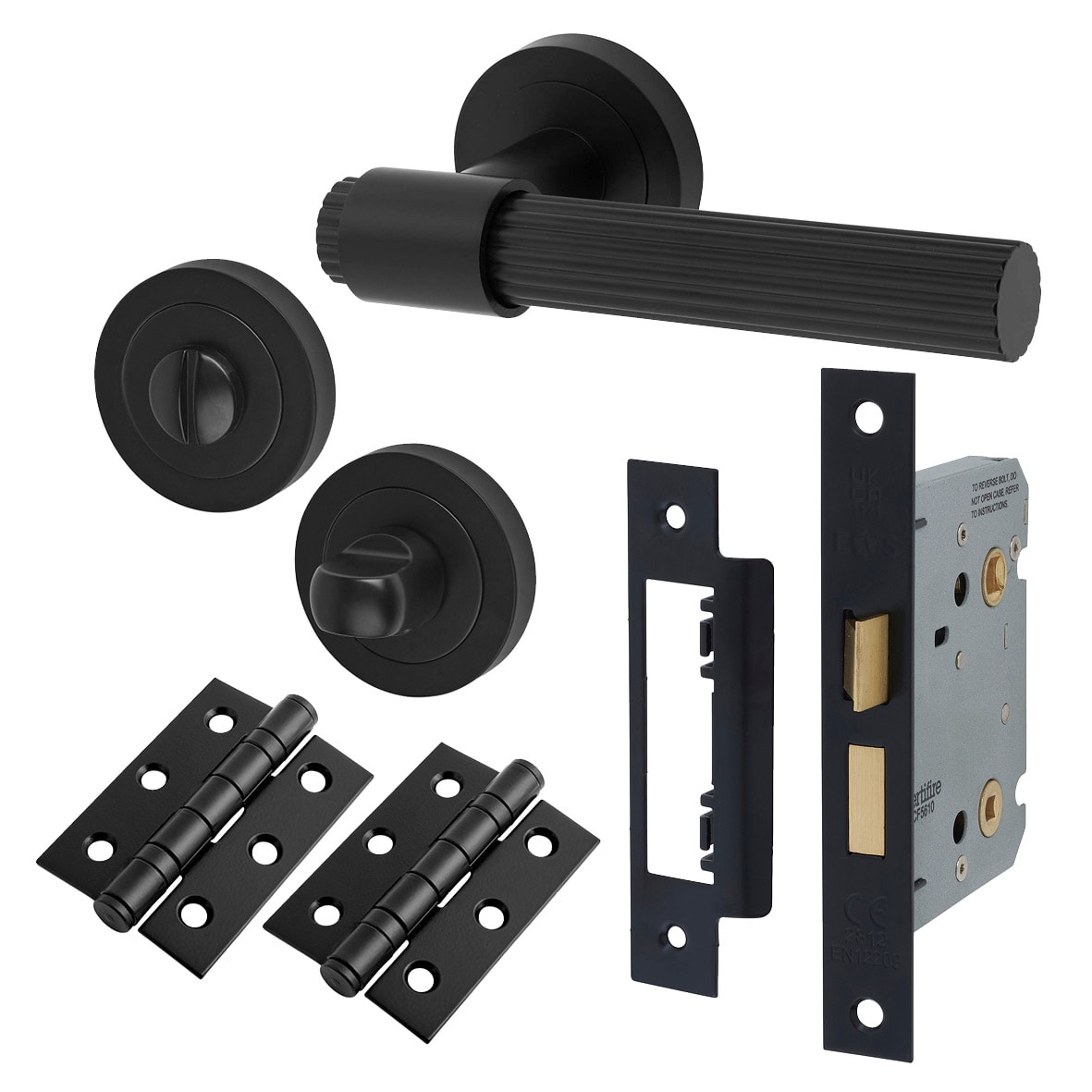 Matt Black Lines Bathroom Lock Door Handle on Rose Pack - Eva Range