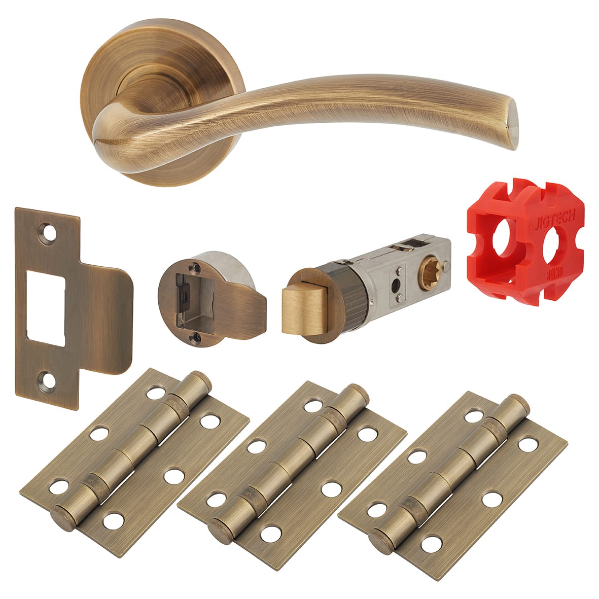 Antique Brass Latch Door Handles on Rose Pack - Passage - Solar Range