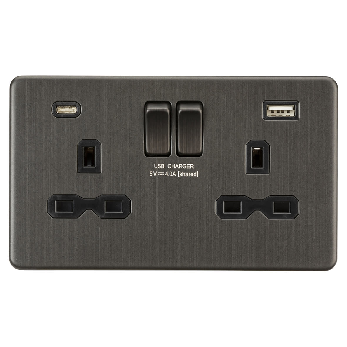 13A 2 Gang Screwless Type A/C USB Socket with 2 x USB - 4A - Smoked Bronze/Black