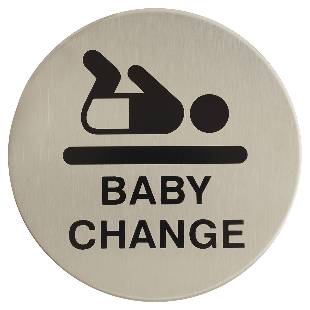 Baby Change Toilet Door Sign - Self Adhesive - 75mm Diameter - Satin Stainless Steel