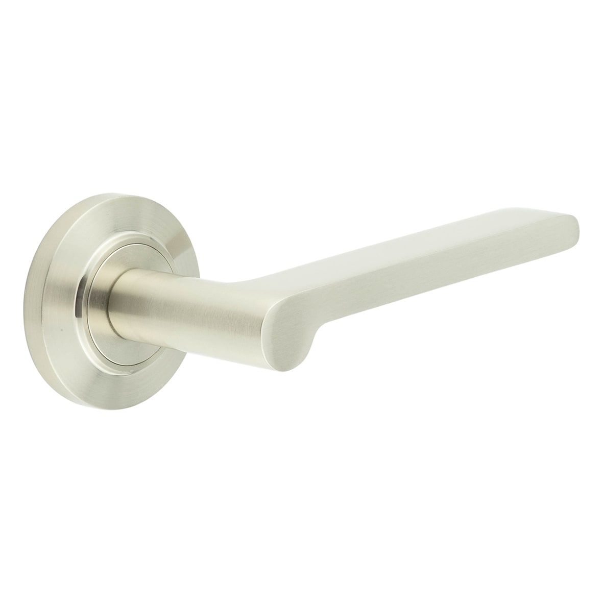 Satin Nickel Fire Rated Door Handles on Round Chamfered Rose - Fitzrovia Range