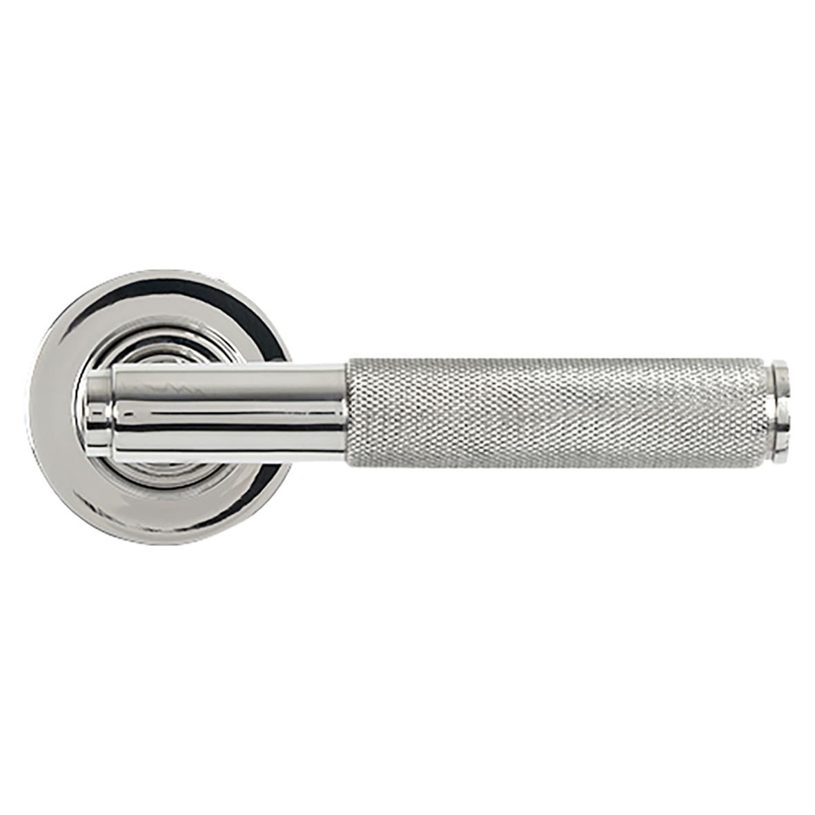 Polished Stainless Steel Knurled Door Handles on Round Rose - Brompton Range
