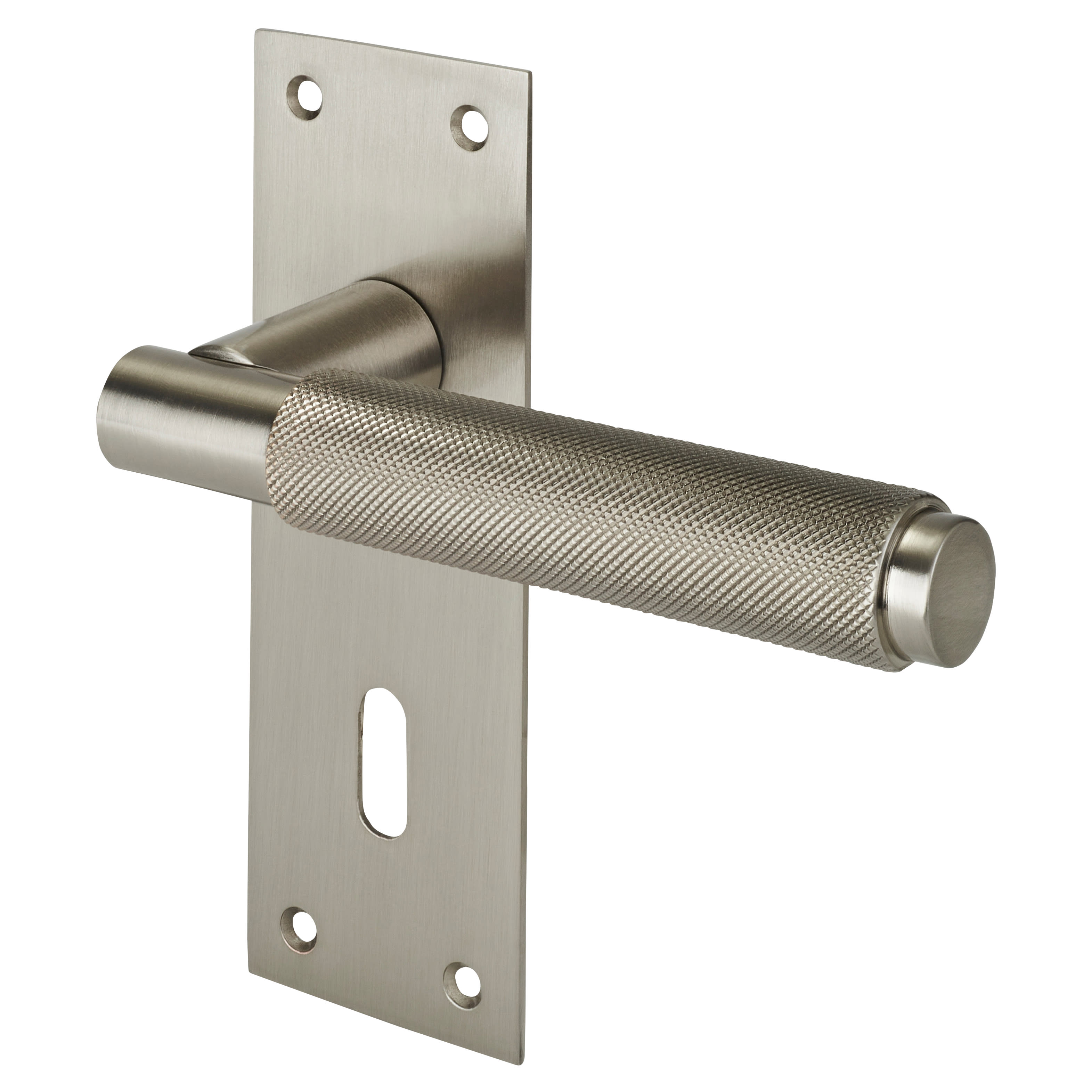 Brass Satin Nickel Knurled Keyhole Lock Door Handles - Varese Range - 130 x 55mm