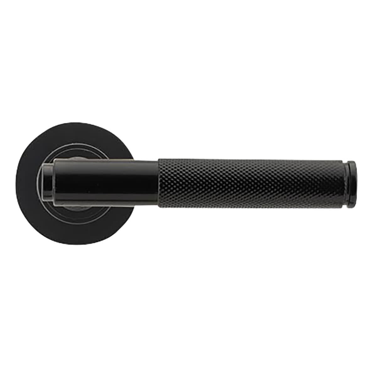 Black Knurled Door Handles on Round Rose - Brompton Range