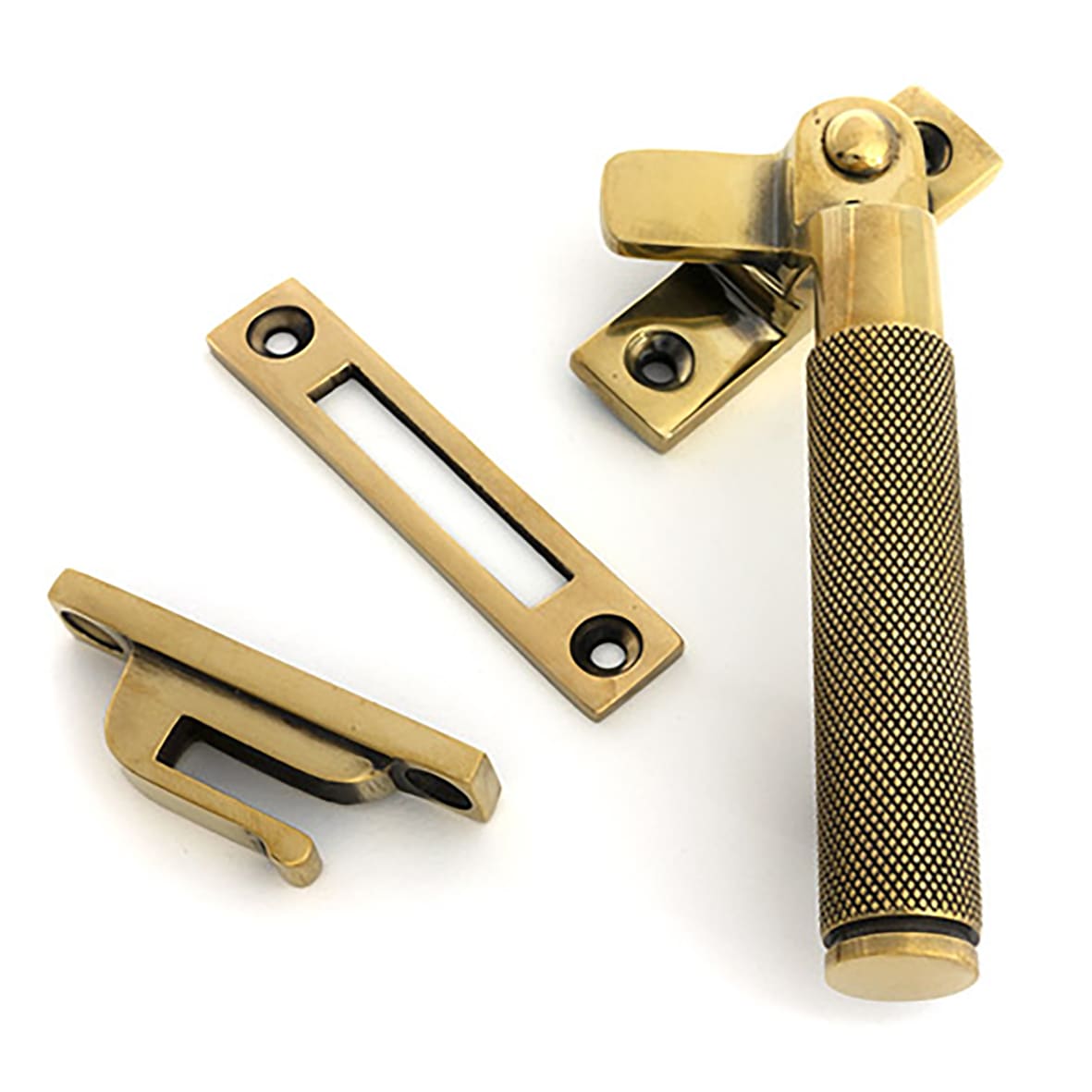 Brompton Knurled Locking Mortice & Hook Plate Window Fastener - Right - Aged Brass