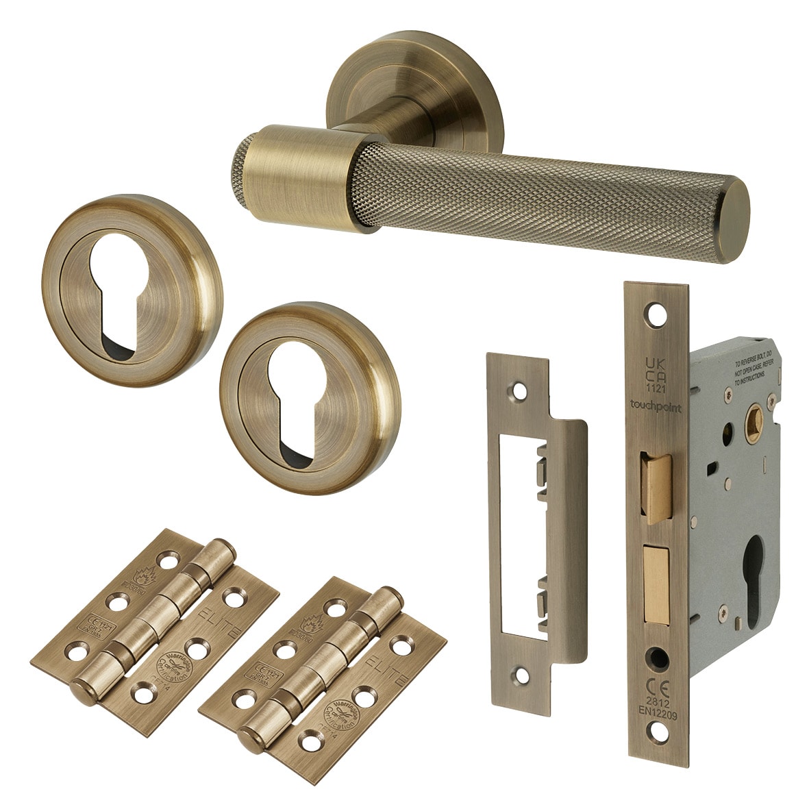 Antique Brass Knurled Euro Lock Door Handles on Rose Pack - Esme Range