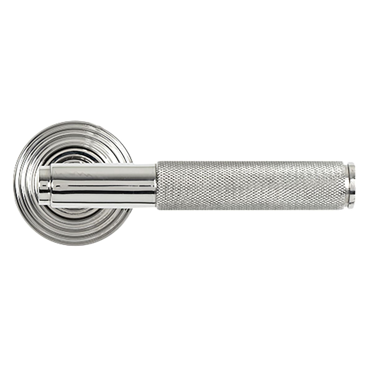 Polished Stainless Steel Knurled Door Handles on Round Beehive Rose - Brompton Range