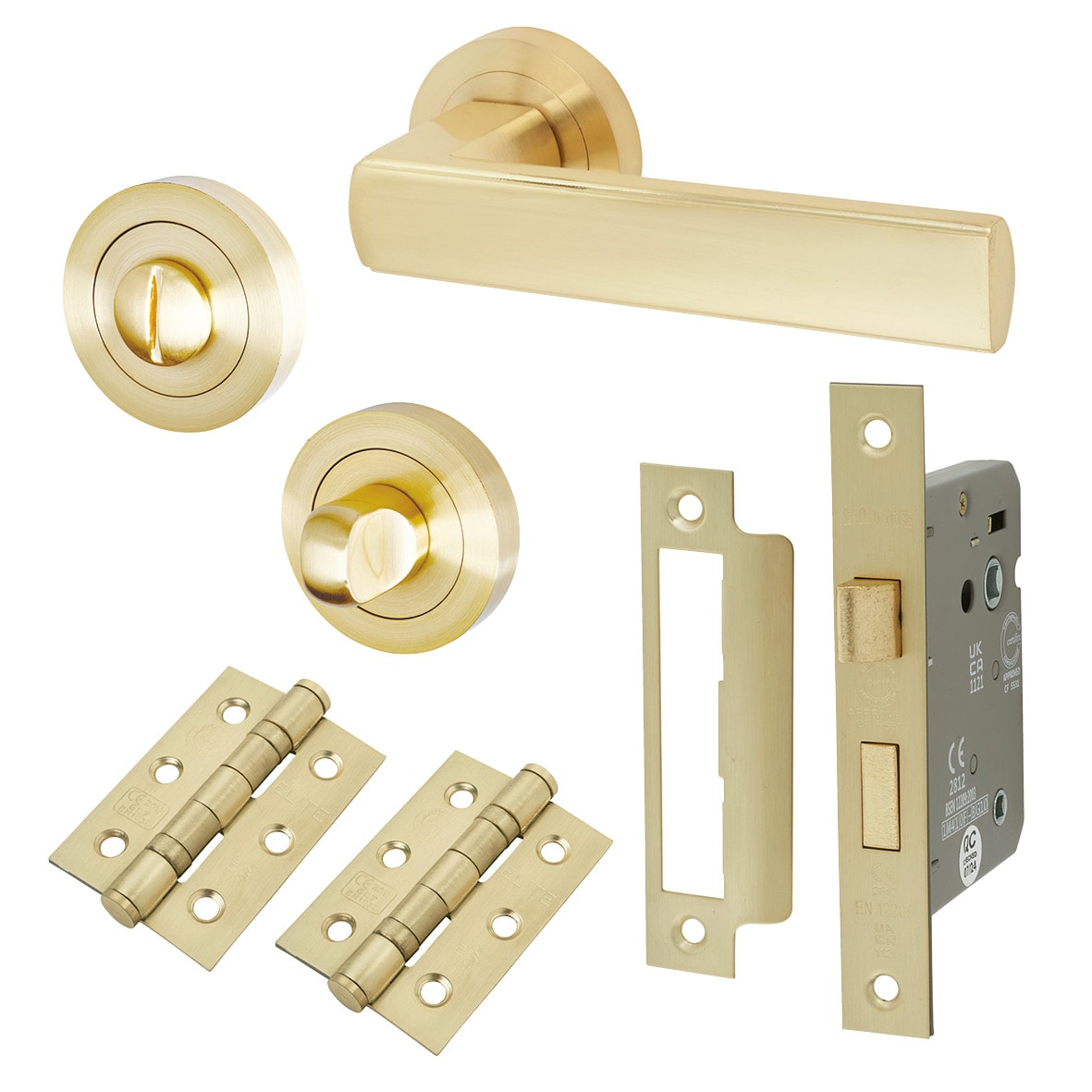 Satin Brass Bathroom Lock Door Handles on Rose Pack - Zara Range