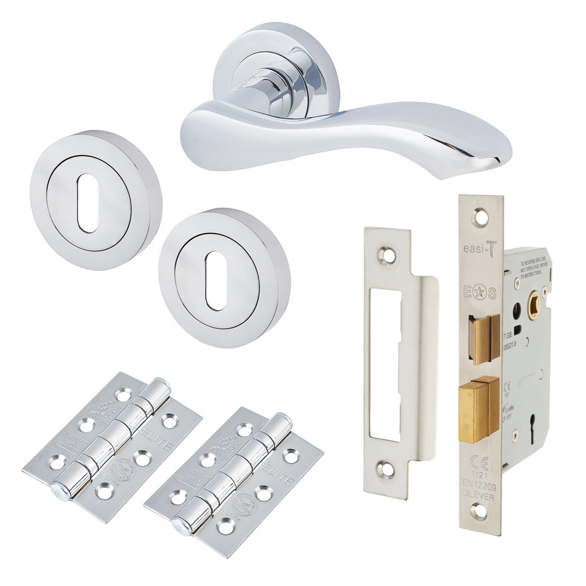 Polished Chrome Scroll 3 Lever Sashlock Door Handles on Rose Pack - Scarlett Range
