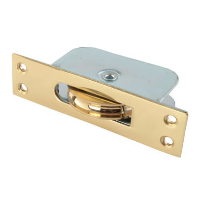 Square Large Ball Bearing Sash Window Pulley - 57mm Curved Metal Wheel - Polished Brass