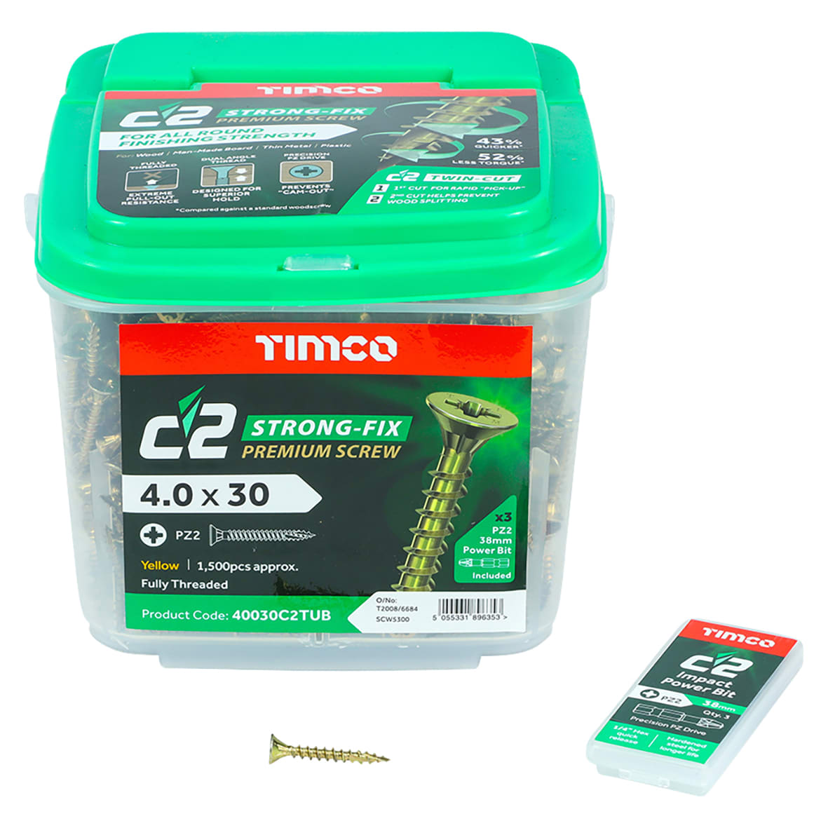 C2 Strong-Fix Pozi Double Countersunk Twin-Cut Wood Screws Tub - 4.0 x 30mm - Pack of 1500