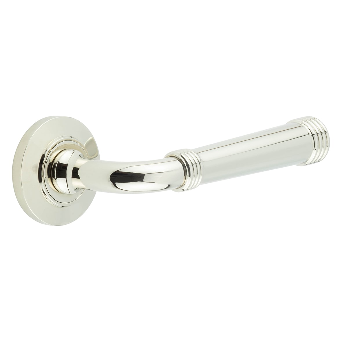Polished Nickel Fire Rated Door Handles on Round Chamfered Rose - Highgate Range