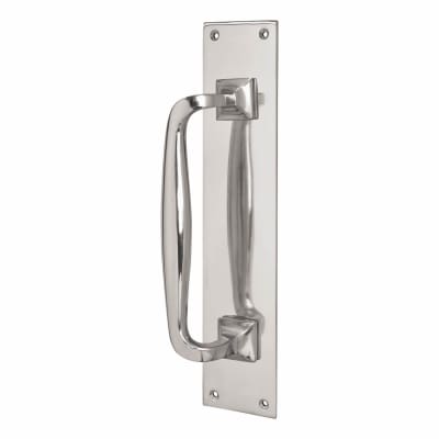 Polished Chrome Brewery Offset Door Pull Handle on Plate - Screw Fix - 305 x 63mm