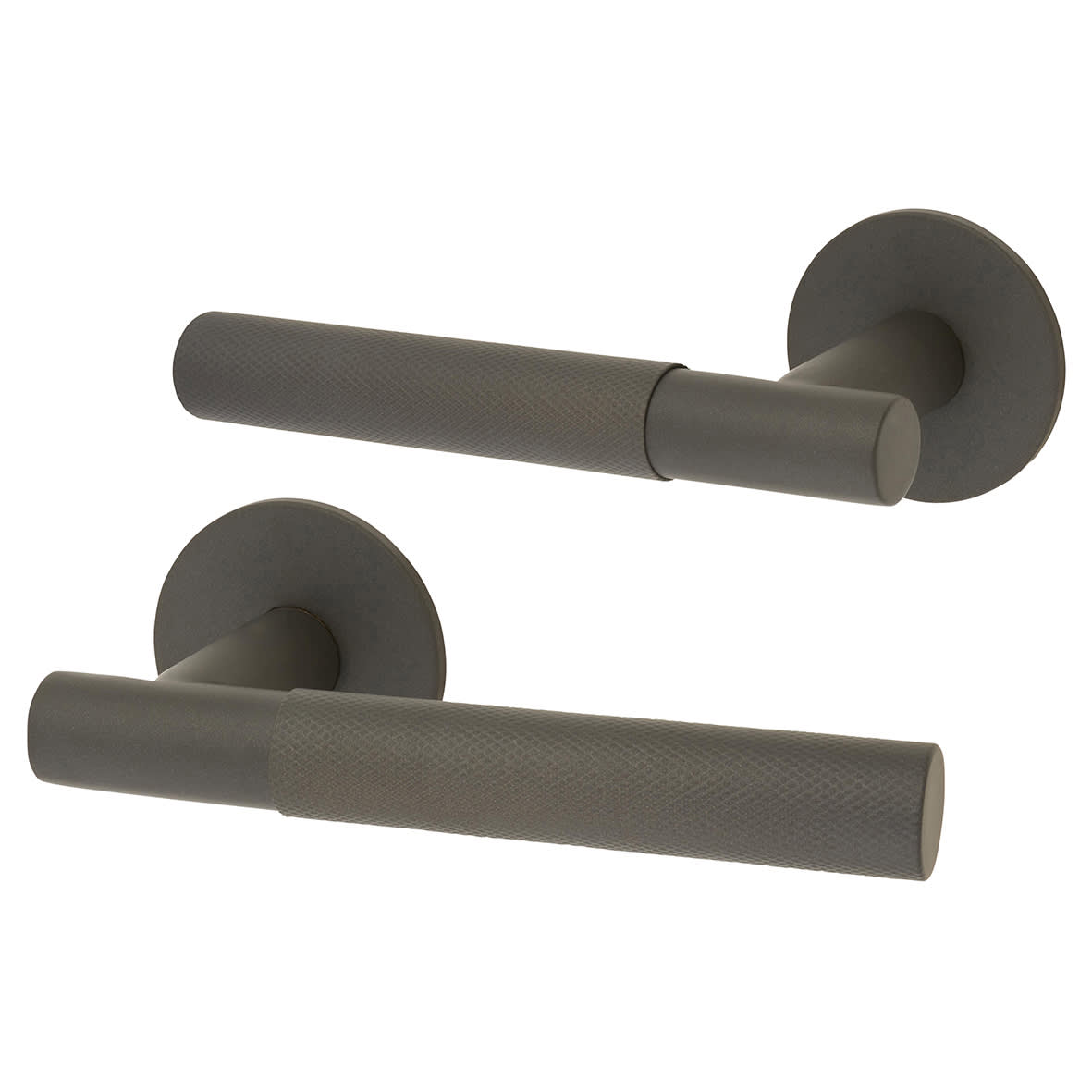 Graphite Grey Knurled Door Handles on Round Slim Rose - Schema Teckna Range